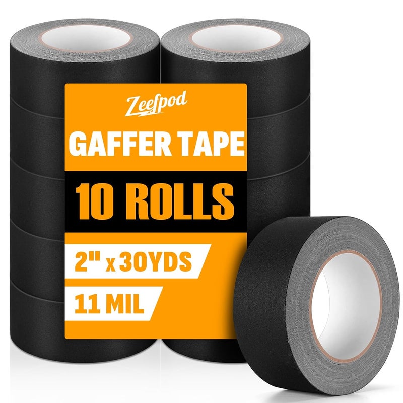 Zeefpod Gaffers Tape 10 Pack, Black Gaff Tape 2" x 30 Yards (11 Mil), Professional Grade, Non-Reflective Matte Finish, Strong Hold, Easy Tear, Residue-Free Floor Tape for Electrical Cords – 300 Yards Total - Image 1